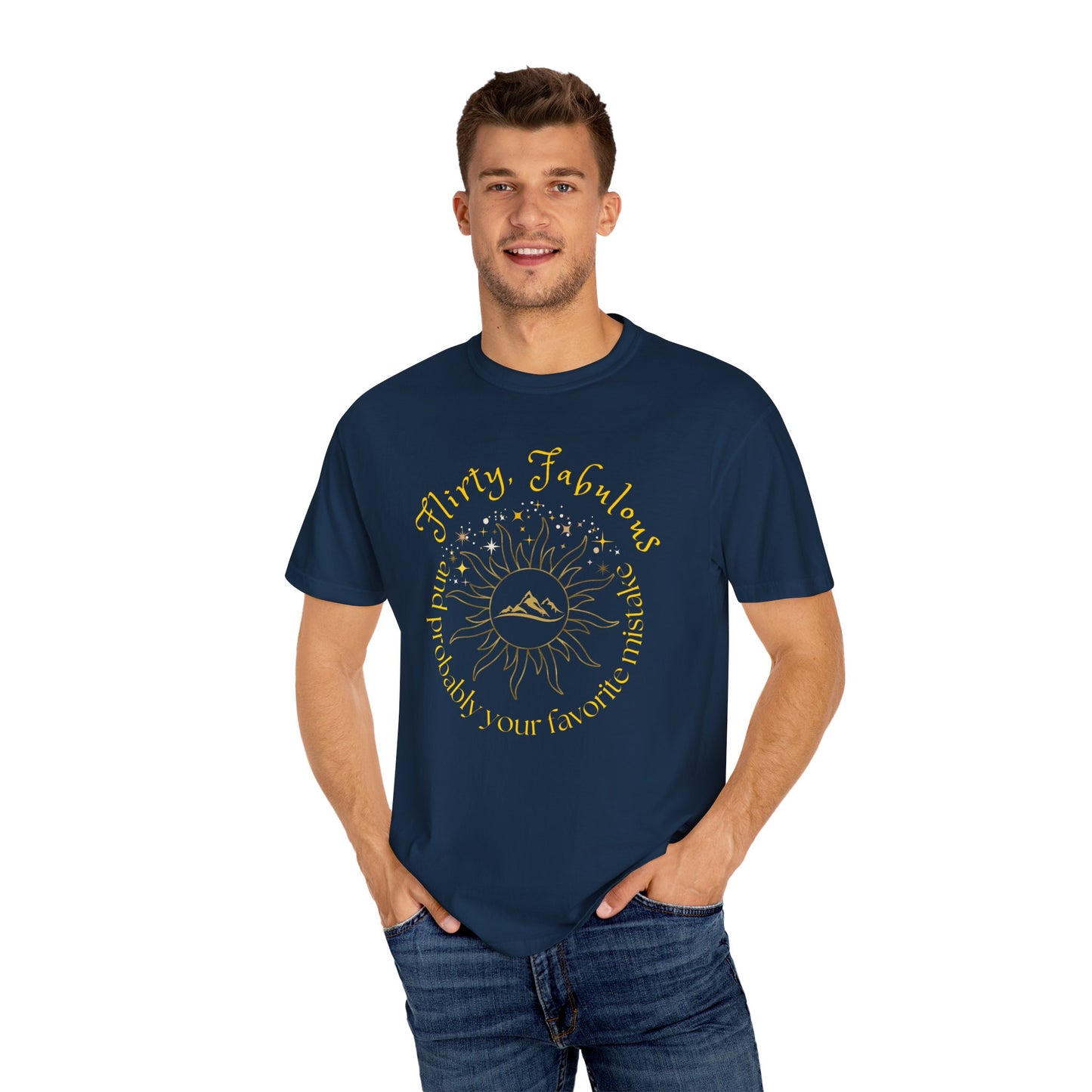 T-shirt with 'Flirty, fabulous, and probably your favorite mistake' quote by HELION, ACOTAR Series True Navy Mockup 3