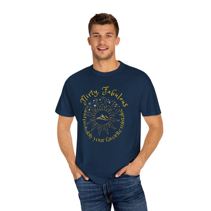 T-shirt with 'Flirty, fabulous, and probably your favorite mistake' quote by HELION, ACOTAR Series True Navy Mockup 3