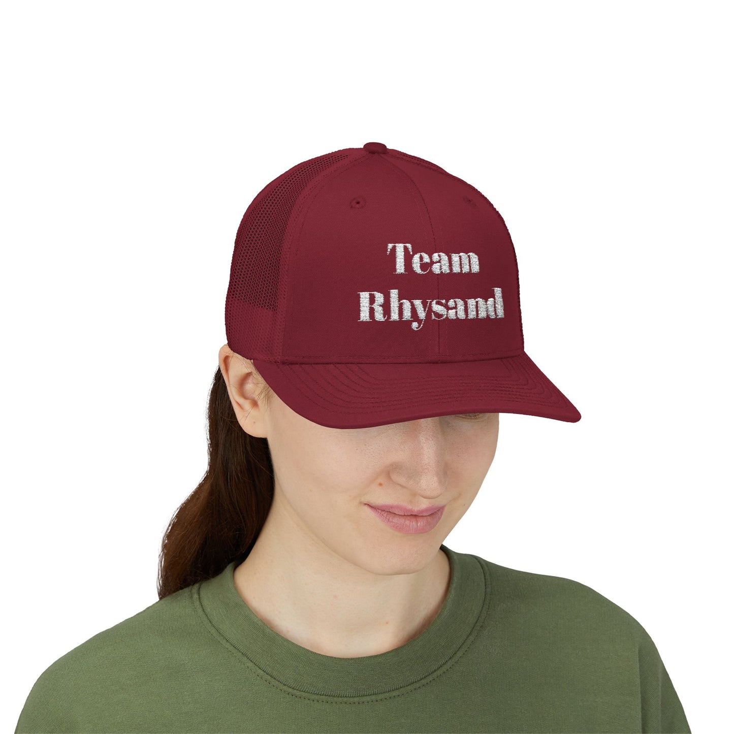Team Rhysand Sparkly Trucker Hat Cranberry mockup 2
