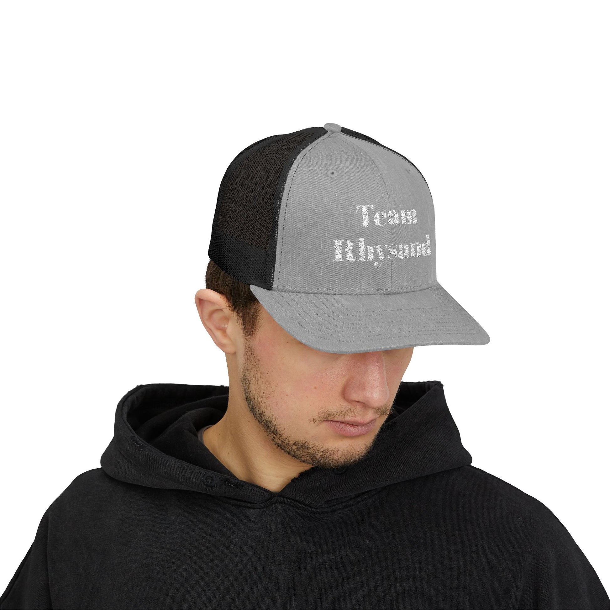 Team Rhysand Sparkly Trucker Hat Heather Grey/Black Mockup