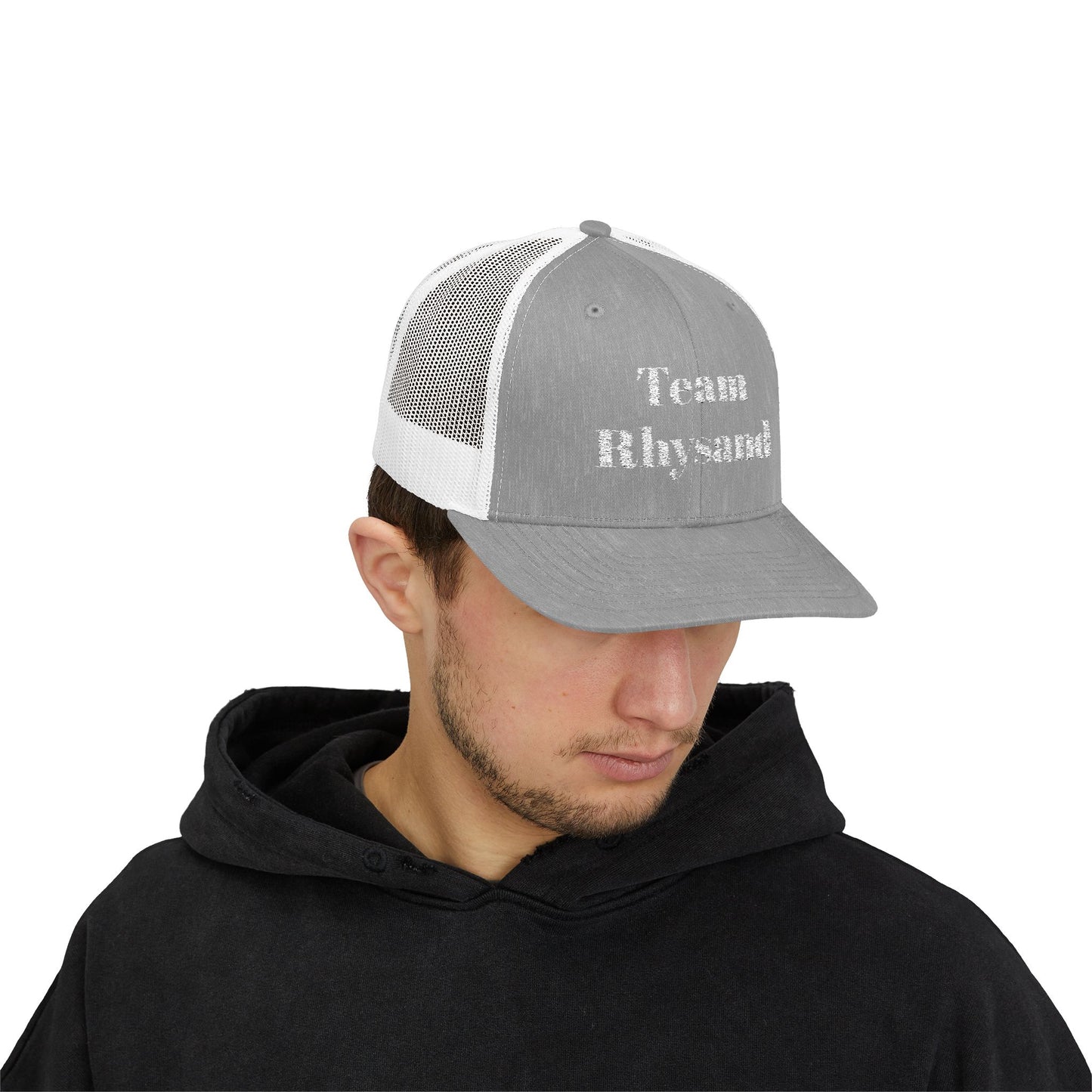 Team Rhysand Sparkly Trucker Hat Heather Grey/White  Mockup