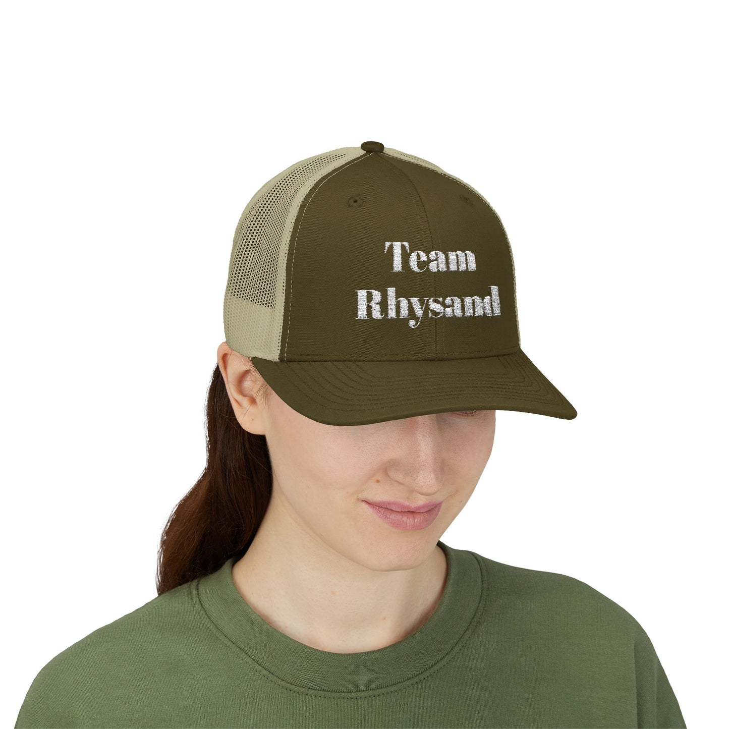 Team Rhysand Sparkly Trucker Hat Moss/Khaki mockup 2
