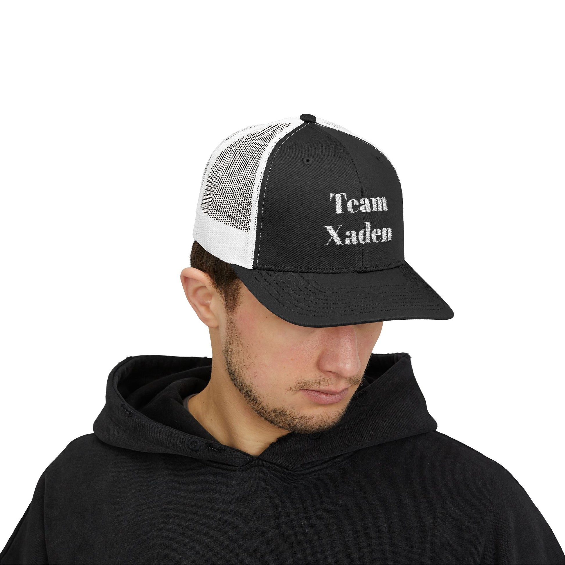 Team Xaden Trucker Hat Black/White mockup