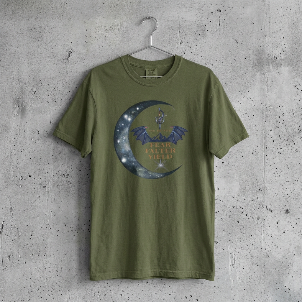 Green t-shirt with graphic design on a hanger against a concrete wall