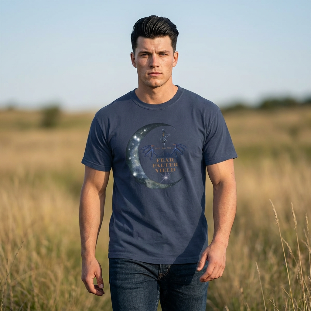 Man wearing a navy blue t-shirt with a graphic design in a field