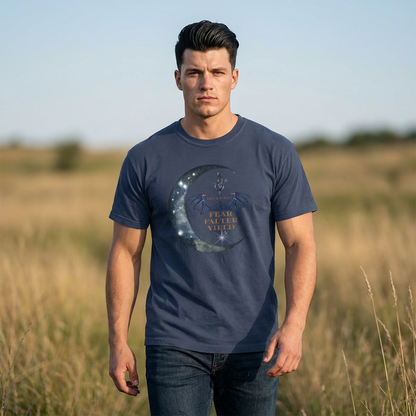 Man wearing a navy blue t-shirt with a graphic design in a field