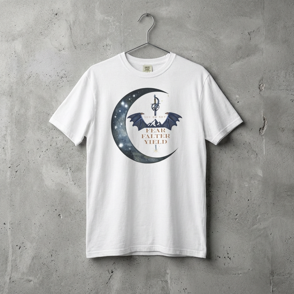 White t-shirt with a graphic design on a gray textured wall