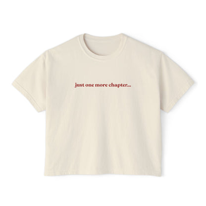 Beige t-shirt with 'just one more chapter...' text on a white background